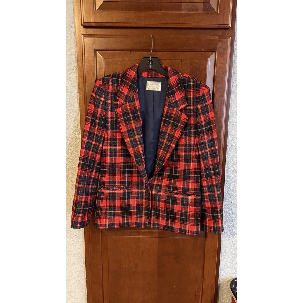Vintage Pendleton Blazer Womens 10 Red Blue Tartan Blazer Virgin Wool Pockets